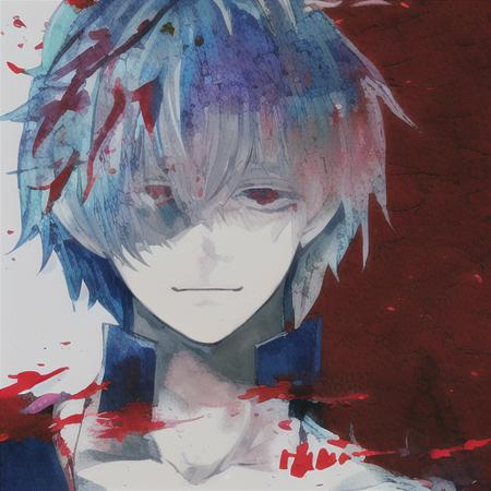 (kaneki ken), 1boy,flamboyant, in the style of sui ishida, tokyo ghoul, zoomed in on face, focused on face, blue highlights,looking at viewer,watercolor, aristocratic youth,  <lora:TKG_Sui Ishida:1> <lora:Kaneki Ken:1>