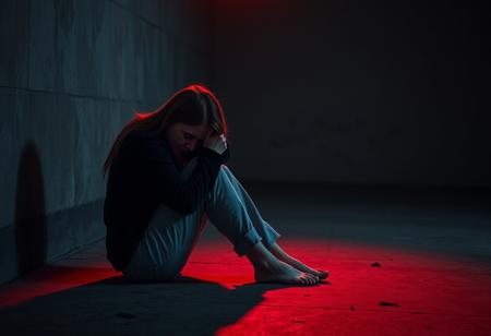 a 25yo woman sitting on the cold concrete floor in the fetal position, hugging her knees. she is filled with dread and despair. a spotlight shines red from above. she cries into her knees. the scene leaves the viewer with an overwhelming sense of hopeless and nothingness.