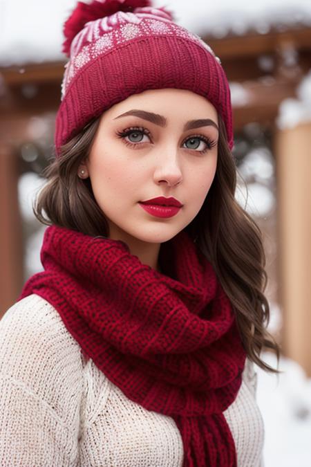 photo of a woman, emmafuhrmann:0.99,((warm hat, scarf, sweater)),((closeup, portrait):1.2), ((outdoors, snow):1.2), ((red lipstick, eyeliner, eye shadow, blush):1.2), ((best quality, masterpiece, extreme details, high resolution):1.2),((detailed eyes, beautiful eyes, detailed face, beautiful face):1.2)