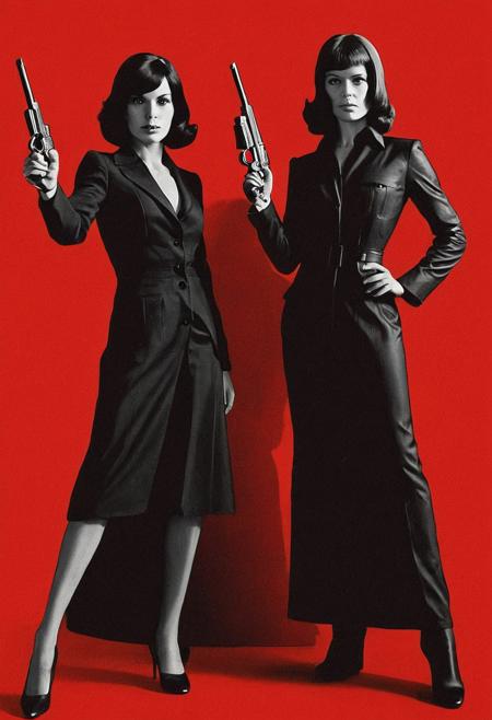 Pencil_morph_style,
pulp magazine style,70's movie style, creates in black shadow and red background a minimalist full-length stencil illustration of two elegant black dresssed female f.b.i agents pointing a gun to the viewer, two colors, red background. Only 2 colors, plain red background and human's shadow.