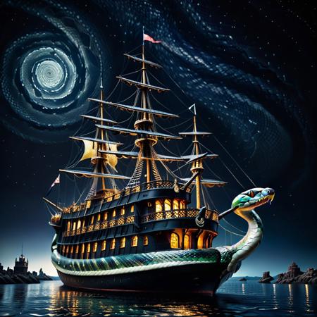 sn4ke, core_9, score_8_up, score_7_up, score_6_up, score_5_up, score_4_up score_9,score_8_up, old ship made of snake skin against the dark starry sky