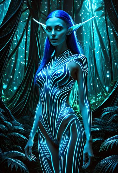 (((beautiful alien woman:1.2))), (((tall and slender:1.3))), (3 meters tall), (bioluminescent tattoos:1.4), glowing skin patterns, sharp cheekbones, (pointed ears:1.2), (long flowing blue hair:1.2), (luminous eyes), ethereal beauty, (futuristic clothing), standing in a (bioluminescent alien forest:1.3), soft light reflections on skin, cinematic lighting, ultra detailed, 8k, masterpiece, highly detailed skin texture, symmetrical face, elegant posture
