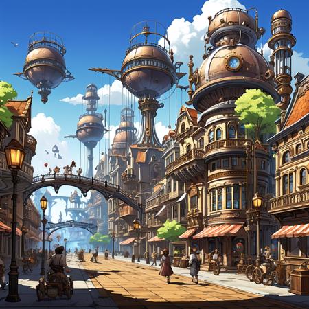 An imaginative steampunk city with Victorian-era architecture, steam-powered machinery, and airships floating in the sky. Residents in steampunk attire walk the streets, and gears and cogs are a common motif