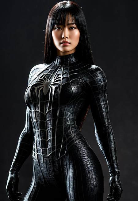 score_9, score_8_up, score_7_up, best quality, realistic, masterpiece, beautiful detail, hyperrealistic, ((1girl, woman body, big breasts)), amazing detailed full body of a cute korean girl, cute face, wearing a realistic and highly detailed black raimi spider-man suit, ((huge muscular girl)), professional model wears ultra - detailed black raimi spider - man suit, ultra - detailed and grained black raimi spiderman suit, suit covered entire body and hand, black spiderman gloves, wet, close up, black hair, variation pose, octane render, highly detailed, volumetric, dramatic lighting, (highest quality:1.1), (HDR:1.3), (top quality, best quality), realistic, high definition, masterpiece, 8k, best quality, best illumination, best shadow, an extremely delicate and beautiful, finely detail, depth of field, classic, highres, perfect lighting, black background,