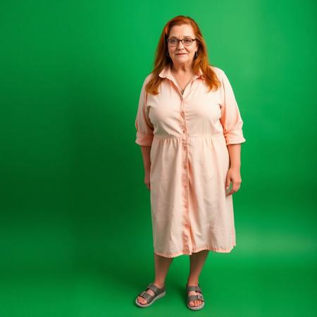masterpiece portrait of British plus size woman::1.4, Norman Rockwell style::1.2, photographic realism art::1.1
(physical description: full body shot:1.5, mature plus size woman with fair skin and visible wrinkles, long red hair, soft posture:1.1)
(facial features, expression: calm, expressive mature face with relaxed expression and gentle wrinkles, distinctive eyeglasses:1.0)
(clothing details: light-colored collared knee-length shirtdress, possibly pink or peach, modest and flowing fabric, pendant necklace visible at collar:1.0)
(accessories: two-strap velcro sport sandals:0.9)
(background setting: standing in front of a chromakey green background:0.9)
(lighting style: even studio lighting with soft shadows, no color casting:0.8)
(composition and camera framing: full body shot, front-facing, centered in frame:1.0)
(emotional tone or theme: poised and neutral, designed for flexible background replacement:0.9)
(technical execution: high-resolution detail, neutral lighting for editing flexibility:0.8)