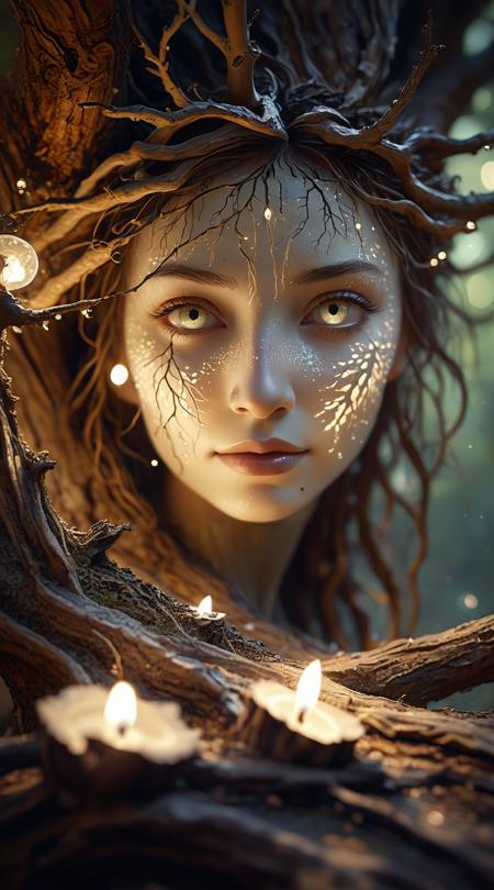 Ancient tree spirit, leading a rebellion, Candlelit warmth, muggy with thick air, pale and delicate creams, worm's eye ground level, medium close-up with bokeh effect, new media digital creation, prickly bristle texture, shattered glass effect, balance through uneven spacing, stenciled shadow play.