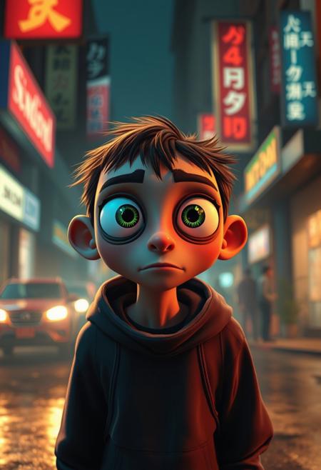 A hyper-stylized animated character with exaggerated eyes and expressions, but set in a high-contrast, documentary-style urban street scene, blending vibrant animation with raw realism.,  fleeting hints, sense of movement, blending realism and fantasy., mystical, reflective journey, reflective journey, visual elegance, digital lighting, themes of isolation and identity, celebration of color