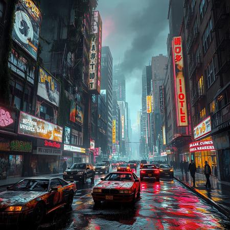 A sprawling cyberpunk city in decay, neon lights flickering over crumbling skyscrapers covered in graffiti and overgrown vines. Rain-soaked streets reflect holographic billboards, while abandoned luxury cars rust beneath glowing advertisements. A mix of Art Deco and futuristic architecture, now crumbling under time’s weight. Smog and digital haze blur the horizon, as shadowy figures in high-tech gear move through the alleys. Cinematic lighting, ultra-detailed textures, 8K, photorealistic, dystopian atmosphere, cyberpunk noir.