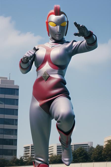 Best quality, masterpiece,
1girl, <lora:Yullian:0.8>, boots, colored_skin, full_body, helmet, pilot_suit, realistic, superhero, ultraman, white_bodysuit, yellow_eyes, solo, 
a giant in city, blue sky background, fighting stance, closed mouth,