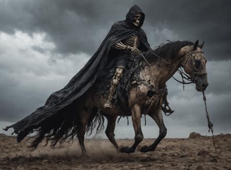 (long cape in the wind:1.7),(tattered garments:1.5),death,skulls,riding an emaciated skeletal horse,(decay:1.3),(rotting:1.5),black sun,clouds,scorched earth,(black rain:1.3),