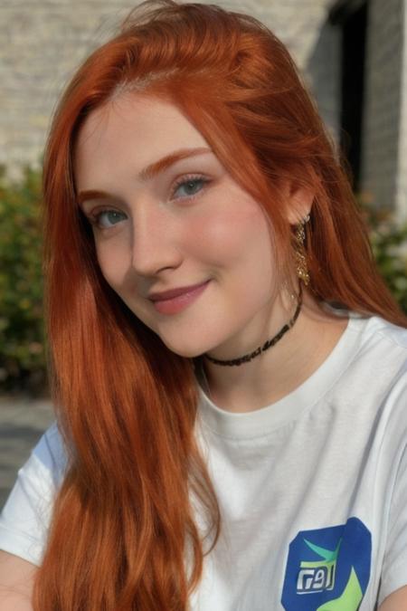 Photo of h4ruj199ly woman, detailed face, (blurred background)+, tshirt, redhead