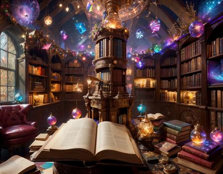 (WizardCoreAI) { library, flying books 
| alchemy lab | factory  }, sparkly, vibrant colors, 
(amazing, Ultra Realistic, trending on artstation, exaggerated, detailed   
 background:1.1)                               