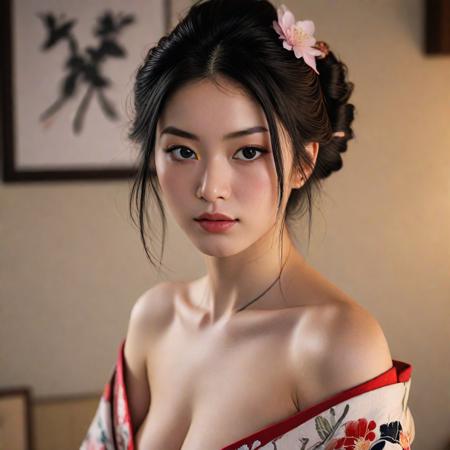 (realistic, masterpiece, best quality, complicated details, Ultra HD, professional photography, ultra detailed), (official art, beautiful and aesthetic:1, sharp focus on subject, soothing tones), NSFW, 1girl, kimono, off shoulder:1.5, topless:1.5, nipples, tattoo, traditional art, looking at viewer, high contrast in the style of nicola samori