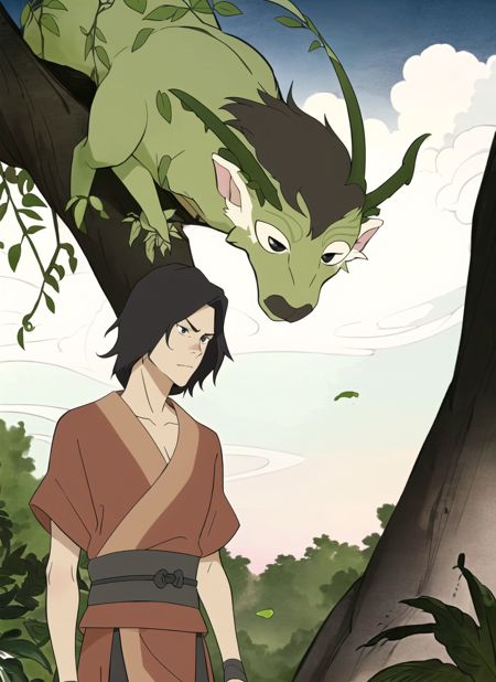 avatar wan <lora:avatar_wan_offset:1>, masterpiece, best quality, 1boy, 1other, black hair, tree, male focus, plant creature, horns, black eyes, cloud, crossover, outdoors