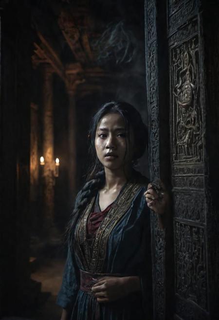 award wining masterpiece photograph converying a sense of dread, full shot of a girl searching for something or somone, wandering silently with caution in a dark smoky antique evil temple, detailed face, intricately detailed, dim light, exquisite backlighting, refined editorial photography, dramatic LUT
