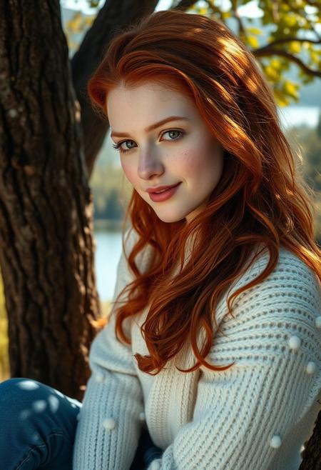 A surreal and hyper-realistic scene featuring a classical beauty with beautiful ginger hair, wearing blue jeans and a white jumper. The intricate details of her attire are highlighted, set against a dreamy, ethereal lake background. The scene is illuminated with soft, magical lighting, enhancing the otherworldly and enchanting atmosphere, sitting in a tree overlooking the forest and lake. It is sunny.
surreal, hyper-realistic, classical beauty, blue jeans, white cozy jumper, beautiful brown eyes, pale white skin, pale skin, freckles, intricate details, dreamy background, ethereal, warm magical lighting, warm lighting, enchanting, visually stunning, high quality, detailed, sharp clarity, breathtaking, elegant, graceful, relaxed, small gentle smile, cute, redhead, sexy, 
looking at viewer, long hair, pretty girl, small medium breasts, beautiful girl,