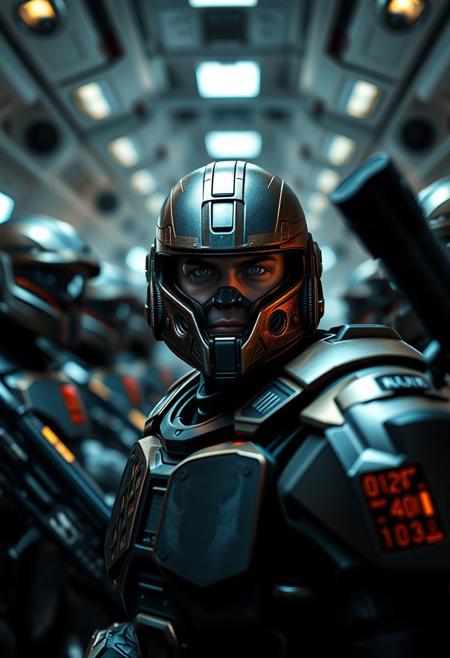 A distant future Spartan commander stands tall, gazing out at a line of battle-hardened warriors clad in cutting-edge armor and wielding advanced weaponry. The camera zooms in on the commander's determined face, framed by the sleek lines of their own futuristic suit. A faint hum of machinery and soft glow of console screens emanate from the soldiers behind, as the commander's voice carries over the sterile environment.