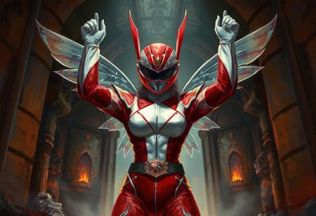 An epic fantasy illustration painting of a Mystical Fairy Elfuria centered, arms triumphantly raised, set against a brooding, artistically rendered Mimighoul Dungeon background. The vibrant red and white Power Ranger armor is depicted with expressive, sharp lines and brush strokes, emphasizing its iconic design and a detailed black belt with gold buckle. The composition is impeccable, using harmonious and multi-colored palettes that make the subject pop against the attractive, slightly stylized dungeon environment. The pose radiates vivid emotions and joyful impact. Handcrafted with Precision, High Quality, Stunning Colors, Impeccable Composition, Creative Angle, Attractive Background, Artstation Trending on ArtstationHQ, CGSociety, Beautiful Matte Painting.