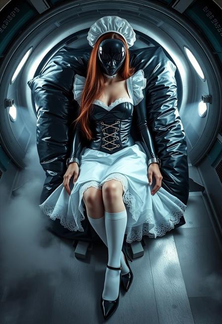 latex muffled  lady    in sexy glossy black foil french maid  uniform  with white  lace appron, extremely lush  white tulle petticoat,  white satin stockings, glossy  black high heels with ankle straps,  white lace maid cap, very tight hourglass corset,  hands handcuffed,  steel slave collar, laying ver giant black foil pillow,   inside weird alien brainwashing machine, masterpiece, provocative, sexy, femine, very long hairs, extremely tight clothes,  ultra thin whaist, glossy silk and satin, latex, absurdres,  polished steel floor, fog from the floor, masterwork, realistic, space_station,  indoors, dramatic lighting, high contrast, solo, french maid planet, females enslaved by robots, abducted by aliens, sci-fi, horror