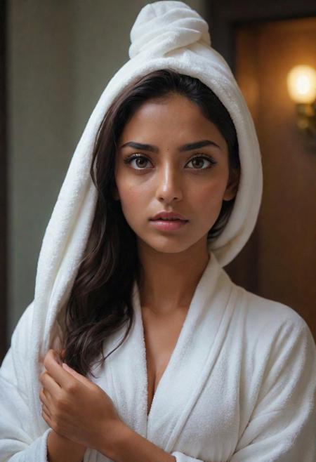 portrait, stunning, amazing, looking at viewer, 8k, an indian luj=xury woman, thick mascara,big tits, ultra cleavage,sexy, ultra detailed oiled face,sweaty skin, spotlight,close up,6mm,color graded portra 400 film,remarkable color,ultra realistic,captured on a (Fujifilm X-Pro3) / (f_stop 16.0), (focal_length 24.0),edgy white bathrobe, nipslip, down blouse,  asymmetrical neckline, RAW photo, best quality, ultra high res, masterpiece, ultra-detailed, camera low, camera close, best quality, solo, luxury hotel bathroom with bathtub backdrop, evening lights, cross statement necklace,bold cuff bracelet, close up.