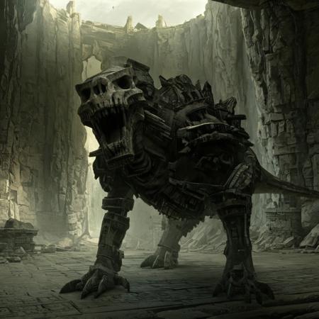 T-Rex, giant, skull, glowing eyes, made of stone, big teeth, small arms, ruins, detailed,