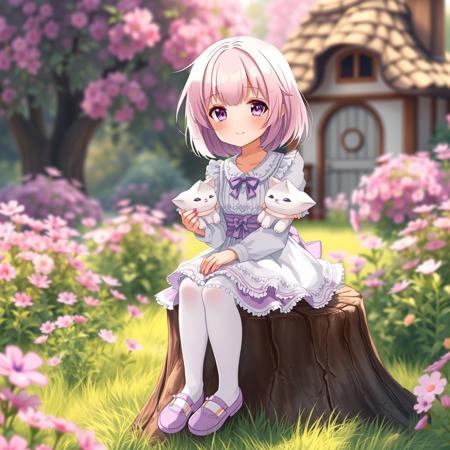 light-pink-haired girl, anime style, sitting on a tree stump in a vibrant, pastoral setting.  Light-skinned.  Wears a white, light-purple, and light-lavender-colored dress, featuring decorative embroidery and ruffles.  The dress has a light-purple underlay and a light-lavender-colored waistband with a bow; white stockings and light-purple shoes.  Soft, gentle smile, expressing happiness and calmness.  Light-pink hair, short bob cut, with slightly visible white-colored highlights.  She holds two small white cat-like creatures in both of her arms.   Soft, gentle lighting creates a warm atmosphere, bathed in a soft, diffuse light, with visible natural shadows.  The backdrop features a lush, blooming garden with various shades of pink, purple, and green flowers.  A quaint, rustic-style house with a rounded roof is in the background, adding to the idyllic setting.  Composition is centered on the character, with a slightly high-angle perspective emphasizing her posture and gentle pose.  Soft, pastel colors dominate the entire scene, creating a serene and cheerful mood.  Anime style, with detailed floral patterns on the dress, delicate textures in the plants.  The image has a calm, relaxed, and sweet mood.  The scene is vibrant, yet soft, with a slightly dream-like quality. Girl in game scene, making pulls.