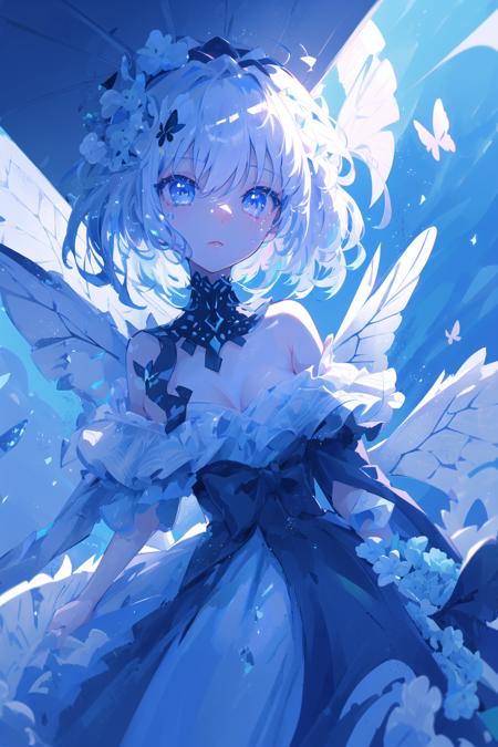 hatching (texture),close-up,portrait,1girl, gemstone butterfly wings dress,  mecha, diamond, bare shoulders, butterfly, looking at viewer, in the sky, flying, bright colors, lighting, (ray tracing:1.4), depth of field, masterpiece, best quality, <lora:cute style-2.0:1>