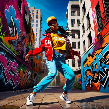 A photorealistic image of a young hip hop girl dancing with confidence in an inner city. Showcase her vibrant outfit and expressive movements against a backdrop of urban graffiti and tall buildings, capturing the energy and passion of street dance..
