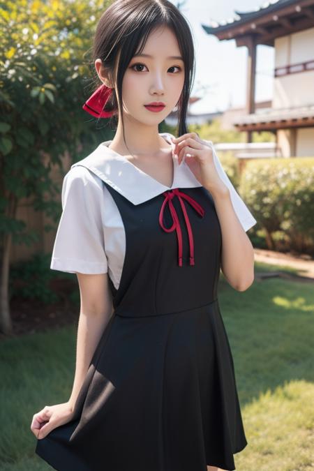 ultra-detailed,highly detailed,best quality,masterpiece,illustration,nsfw,
1girl, kaguya,shinomiya kaguya, cosplay,hair ribbon, folded hair,
shuuchiin academy school uniform,summer uniform,short sleeves, sailor collar,pinafore dress,
outdoors, 
<lora:kaguya_sum_v1_03:0.6>