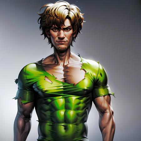 ((masterpiece, best quality)),(complex light), 1boy, solo, shaggy rogers, muscular, black shirt ,torn shirt,<lora:shaggy1-10:0.8>,simple background,