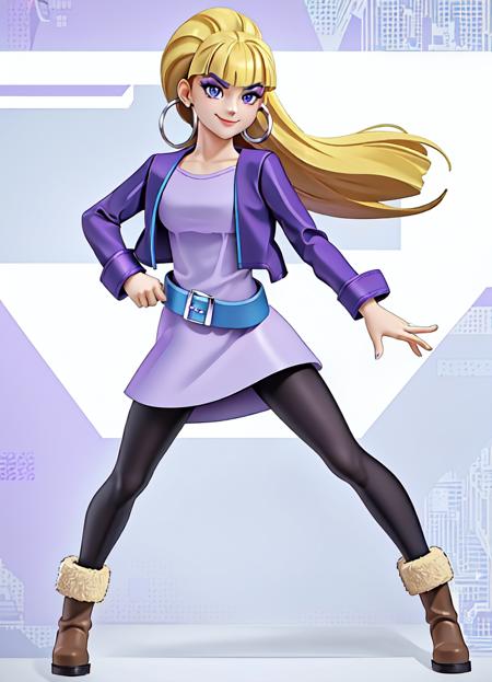 Pacifica blue eyes, make up ponytail purple dress, purple jacket, hoop earrings, belt, black pantyhose, brown boots purple gown, fur trim, diamond earrings, pink gloves, choker, pink shoes text on shirt, purple shirt, gem earrings, single glove, bracelet, white skirt, diamond socks, white shoes