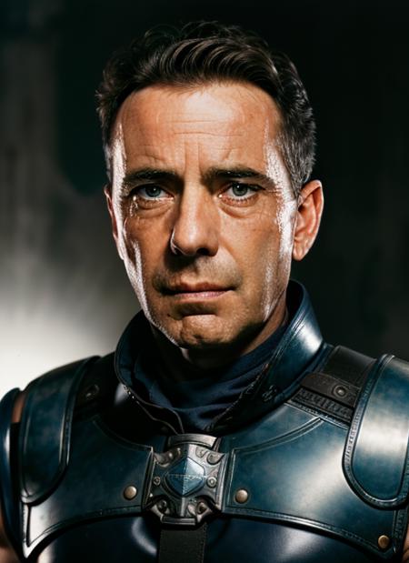 (<lora:HumphreyBogart:.95>) ,a photo of (hb1) man with short hair, Detailed face, (perfect blue eyes), (highly detailed skin:1.1), perfect body, wearing a (("Closed helm, plate cuirass, couters with full arm harness, war hammer, rondel dagger")), Modelshoot style, Professional Photography, soft lighting, PHOTOREALISTIC, Realistic, standing in a dark studio background, blurred background, volumetric fog,. RAW, analog style, sharp focus, 8k, HD, DSLR, high quality, Fujifilm XT3, film grain, award winning, masterpiece,