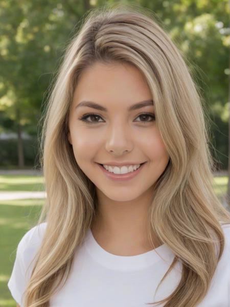 Portrait photo of g1n4v4l3ntn4, white tshirt, face smiling, tinted blonde long hair, in a park