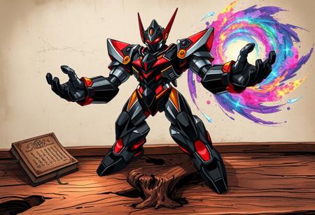 A dynamic fantasy illustration depicting the Galaxy Wizard robot in a powerful, action-ready pose, rendered with a dramatic splash ink illustration style. The robot, gleaming with black and silver armor, vibrant red and yellow energy accents, and an intense red visor, stands majestically on an ancient, gnarled wooden tabletop. Its outstretched arms pulse with latent energy. To its left, a shadowy, arcane grimoire, its contents unknown, glows faintly with mystical runes. To its right, a swirling vortex of multi-colored cosmic dust, hinting at an unknown device, shimmers with harmonious colors. The backdrop is a simple beige wall, subtly transformed into an ethereal, starlit canvas with elements of a beautiful matte painting. This piece embodies a powerful message and a joyful impact through its vivid emotions. Achieved with a creative angle and a balanced editing, this piece showcases a Grammer Effect Style, trending on CGSociety and Artstation, with stunning, multi-colored hues and a golden ratio composition.
