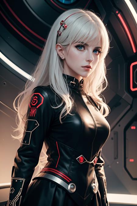 portrait of a girl with wavy white hair, wearing a formal black dress with metal parts, red eyes, monograms in the background, digital painting, dark colors, 8k, complex details, vintage, retro futuristic style, sharp focus on the center, pastel colors, art station, (sci-fi, future, future theme), (facial expression looking with disdain), (detailed illustration)  <lora:hhayleyydefv2:1> hhayleyy