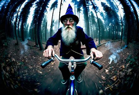 Old wizard riding a bike while smoking in really dark forest photographed on fisheye lens
