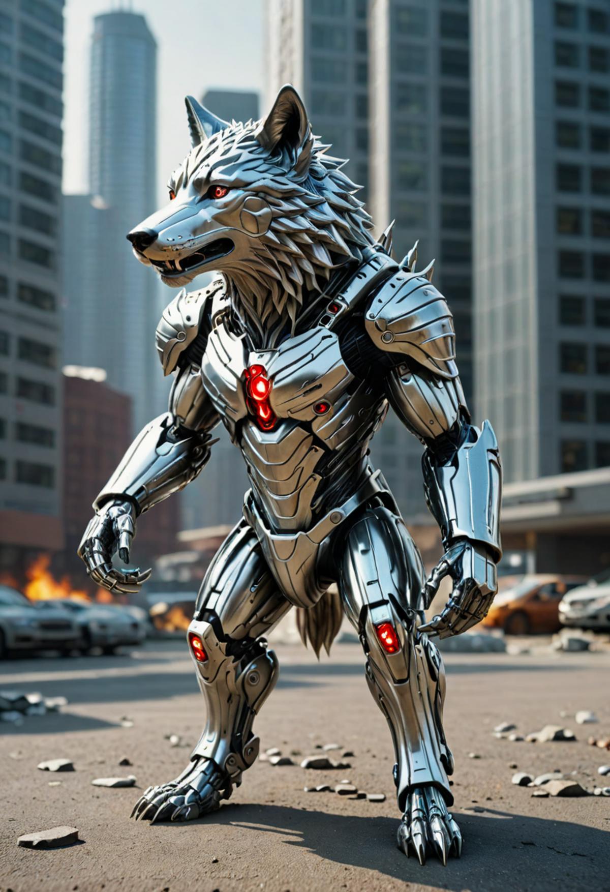 A cyborg Gray Wolf with a sleek, silver-colored exoskeleton suit that covers its body from head to paw. The wolf's eyes are glowing red, and its ears are pointed. The wolf's snout is replaced with a high-tech sensor that allows it to detect and track its prey. The wolf's paws have been replaced with metal claws that can retract and extend. The wolf's tail is a long, metallic rod that can be used as a weapon. The wolf is standing in a futuristic city, surrounded by tall buildings and flying cars.