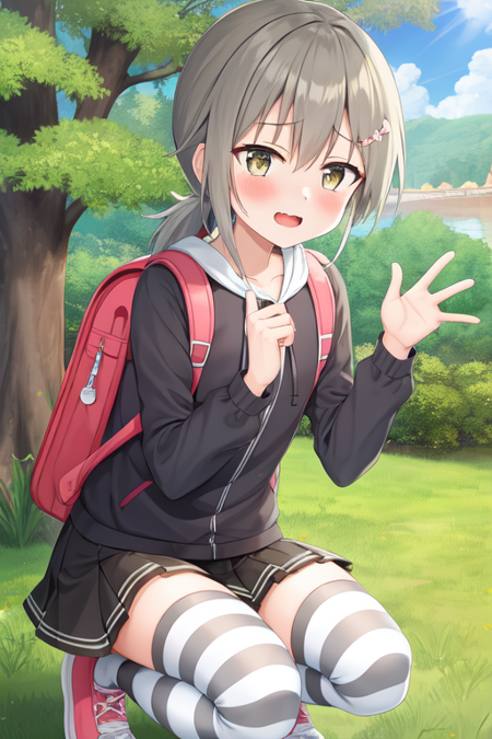 minowagin, hairclip, ponytail, 1girl, solo, backpack, skirt, bag, squatting, striped thighhighs, outdoors, open mouth, hood, randoseru, tree, water, blush