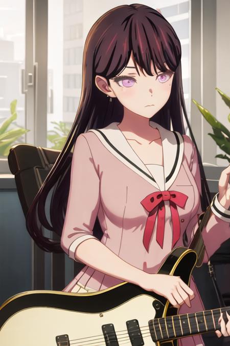 best quality, masterpiece, highres, solo, {shiina_taki_bangdreamitsmygo:1.15}, long_hair, black_hair, purple_eyes, mole_under_eye, mole, bangs, indoors, brown_hair, blush, closed_mouth, collarbone, guitar, instrument, multiple_girls, pink_hair, 2girls, black_shirt, shirt, solo_focus, electric_guitar