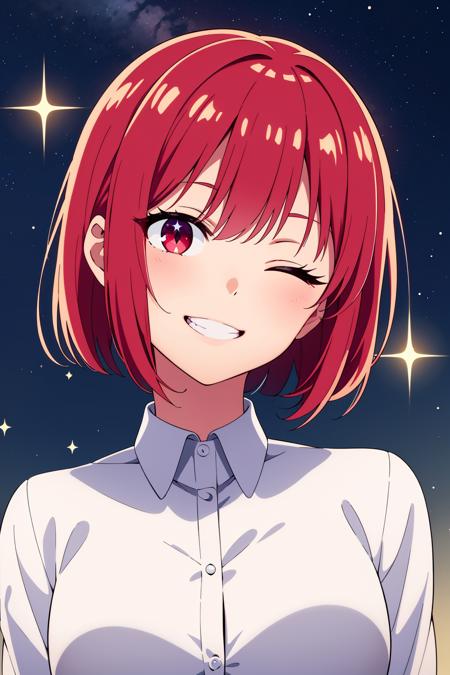 (masterpiece), best quality, expressive eyes, perfect face, solo, anime screencap, 
short hair, red eyes, red hair, bob cut, medium breasts, white shirt, head tilt, smile, teeth, one eye closed, 
portrait, sparkle, close-up, eye focus, night sky, star \(sky\), light particles,