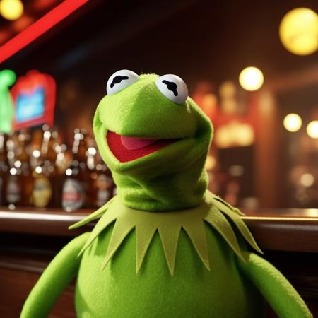 Kermit1024,a muppet frog, ((full body)), drink beer in a pub, neon lights sign "Kermit" , highly detailed, photography, ultra sharp, film, bokeh, professional, 4k  <lora:add-detail-xl:1.5>   <lora:Kermit1024:0.8>