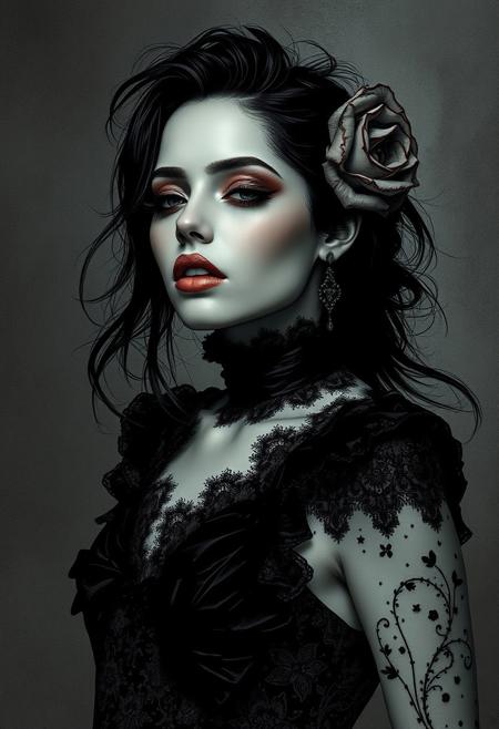 The sweet, wild ways with stainless bloom inwrought,, avant-garde aesthetics, dark elegance, graphic novel influence, high-contrast compositions, moody and atmospheric lighting, intricate linework, fashion-forward styling, surreal storytelling, edgy minimalism, gothic futurism, bold silhouettes, expressive textures, dynamic movement, emotionally intense themes, refined yet rebellious aesthetic
