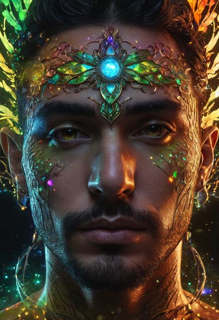 Fantasy celestial entity, man, chakra frontal,  whole body view, surrealism, alcohol ink, double exposure, godly aura, energy body, perfect face, glowing eyes, alluring, holografic colours, orbs of magic, fairy wings, outer space, 8k, UHD, masterpiece, hight resolution, delicate detail, hyper realistic, highly detailed, perfect composition, gorgeous, beautiful, detailed, insanely detailed, octane render, trending on artstation, 8k artistic photography, photorealistic, concept art, soft, natural, volumetric, cinematic, natural light, sf, intricate artwork