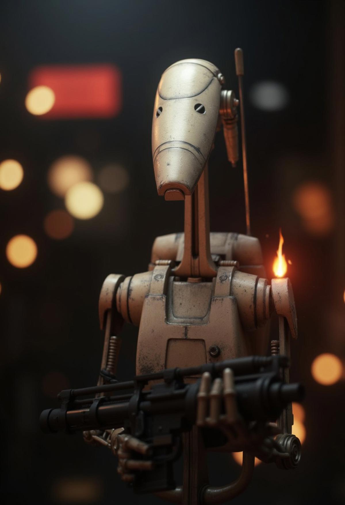 7-B1 droid, portrait, blurred background, glowing lights, dark lighting, robot, medium close up, holding gun, embers, 3d render, realism, highly realistic and detailed