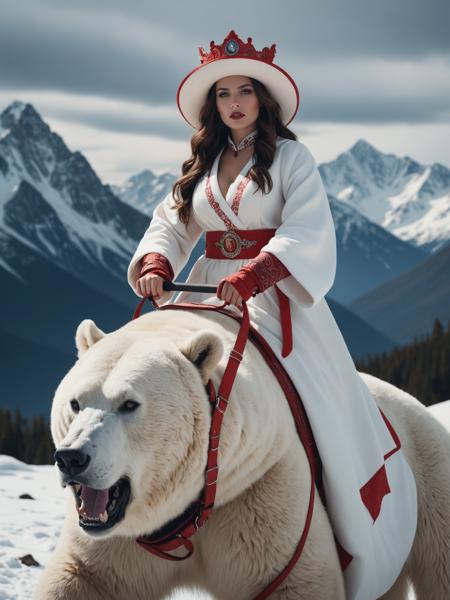 a gorgeous woman in a white queen robe and hat riding a large agressive roaring white bear with red harness, snowy mountains in a fantasy scenery, in an image filled with deep darks in the style of an analog film grain, hdr, extremely detailed, 8k, 35mm photograph, amazing natural lighting, brilliant composition