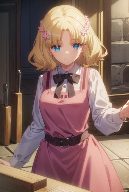 mariacampbell, <lora:maria campbell s2-lora-nochekaiser:1>,
maria campbell, short hair, blue eyes, blonde hair, hair ornament, flower, hair flower, (parted bangs:1.5), smile,
BREAK shirt, long sleeves, dress, bow, white shirt, belt, bowtie, pink dress,
BREAK indoors,
BREAK looking at viewer, (cowboy shot:1.5),
BREAK <lyco:GoodHands-beta2:1>, (masterpiece:1.2), best quality, high resolution, unity 8k wallpaper, (illustration:0.8), (beautiful detailed eyes:1.6), extremely detailed face, perfect lighting, extremely detailed CG, (perfect hands, perfect anatomy),