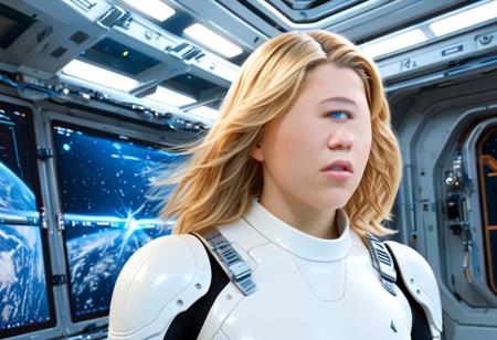cyclopsgirl, thinmonobrow, "Imagine Lea Seydoux in a futuristic space station orbiting Earth, wearing a sleek, futuristic spacesuit with metal details and blue LED lights. She stands at the center of an intense scene, where bursts of light and sparks fly around her. Holographic screens float in the air, displaying critical data. Lea has a determined expression, her face illuminated by the glow of the control panels in front of her. In the background, other astronauts can be seen in action, with robotic arms and hovering drones. The space station itself is a mix of glass and metal, with a breathtaking view of Earth through a large glass window. <lora:Lea Seydoux SDXL:1.2>, Lea Seydoux, bleu eyes, woman, blond hair, skinny beautiful