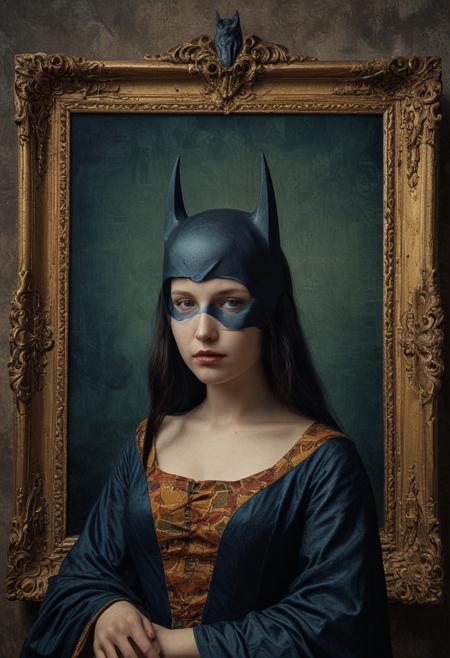 BATMAN as Mona Lisa photographic recreation of the famous painting, detailed matte painting, deep color, fantastical, intricate detail, splash screen, complementary colors, fantasy concept art