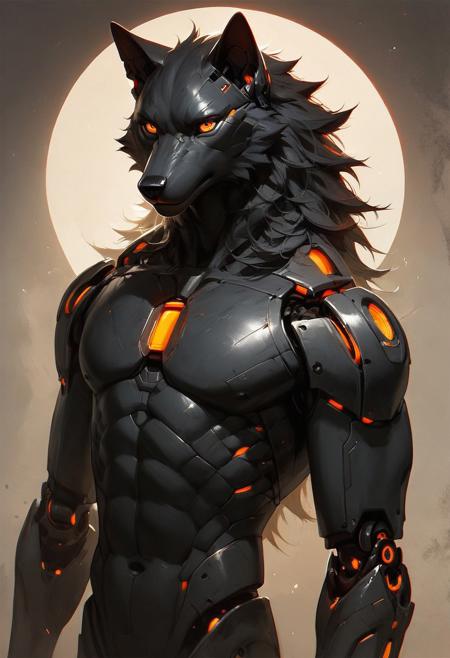 ((beautiful, high quality))), score_9, score_8_up, score_7_up, score_9, score_8_up, score_8, masterpiece, best quality, unrealistically high details, extremely high quality, ultra high detail, good anatomy, rating_explicit, perfect anatomy, anatomically correct hands:1.5, 
BREAK
male focus, solo, male, slim male, dark theme),
BREAK
 (((robot, robotic, metal, black body, red details))) low light, (((metal body))), ((orange eyes), ((metal furry wolf))), storage room, (cowboy shot)