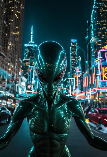 Focus on the reflective surfaces of the alien's body, capturing the stunning interplay of light and color. The neon lights of the cityscape reflect off the alien's metallic exterior, creating beautiful bokeh orbs and ethereal light trails. Use a tripod and a slow shutter speed to capture the movement of light, adding a sense of motion and energy to your composition. The A7R IV's weather-sealed design ensures your equipment stays protected during outdoor shoots.